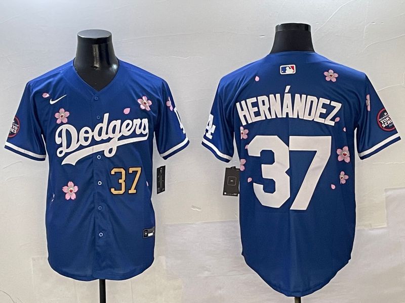 Men Los Angeles Dodgers #37 Hernandez Blue Sakura Edition 2025 Nike MLB Jersey style 2